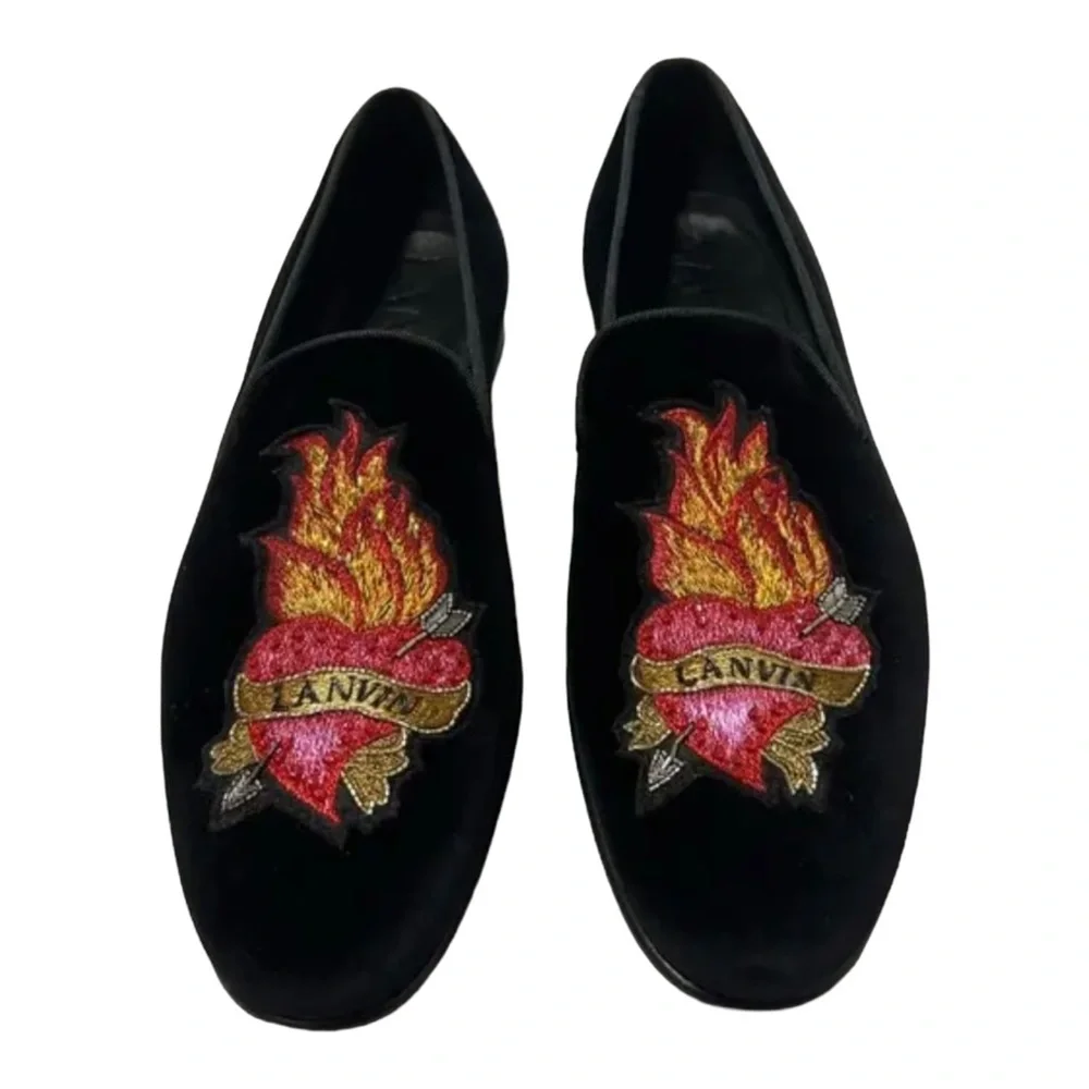 LANVIN Shoes Men's Size 12 Flaming Heart Leather & Velvet Smoking Loafers - Picture 3 of 9